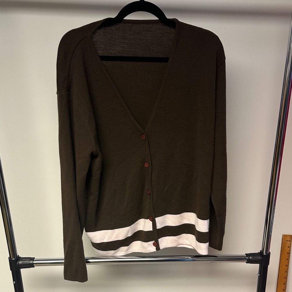 Brown and White Women's Cardigan Sweater